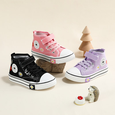 Kid Girl Solid Color Daisy Pattern High-top Chaussures en toile Velcro