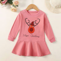 Toddler Girl Christmas Solid Color Cartoon Letter Long-sleeved Dress  Pink