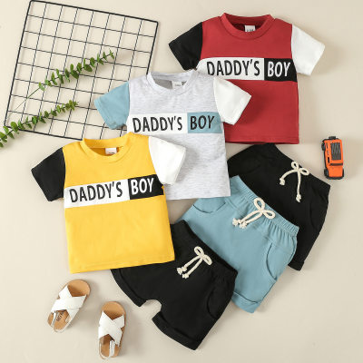 2024 new summer boys' casual sports suit color-blocked short-sleeved letter T-shirt shorts two-piece set