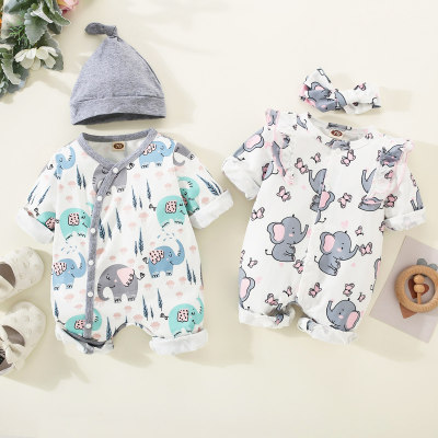 Brother and Sister Allover Elephant Pattern Ruffled Button-up Long-sleeved Long-leg Romper & Bowknot Headwrap & Infant Hat