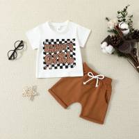 Cross-border new 0-24M infant and toddler plaid letter printed short-sleeved solid color shorts summer two-piece set  Coffee