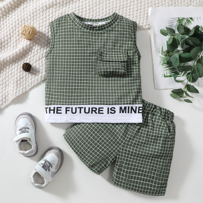 2-piece Toddler Boy Pure Cotton 2 in 1 Plaid Letter Pattern Pocket Front T-shirt & Matching Shorts