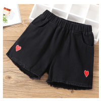 Girls denim shorts summer middle and large children's wear beach pants white outer wear loose hot pants little girls pants  Black