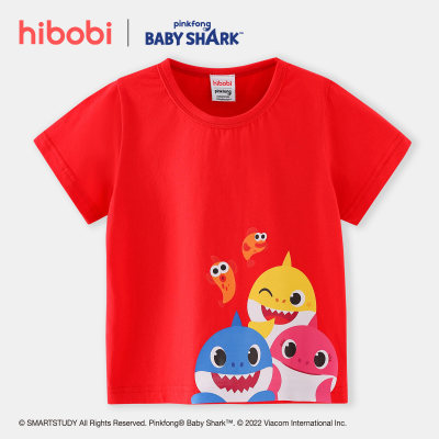 hibobi x Baby Shark Camiseta de algodón con cuello redondo y estampado de letras lindas para niños pequeños