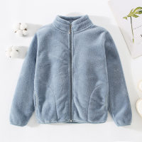 Toddler Girl Solid Color Stand Up Collar Zip-up Fleece-lined Plush Jacket  Blue