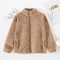 Toddler Girl Solid Color Stand Up Collar Zip-up Fleece-lined Plush Jacket  Khaki
