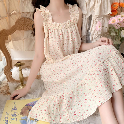 ins Korean style pastoral style summer pit strip nightgown women's three-color sweet student girl medium and long home clothes