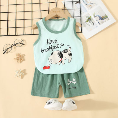 2-piece Toddler Boy Pure Cotton Letter and Dog Printed Vest & Matching Shorts