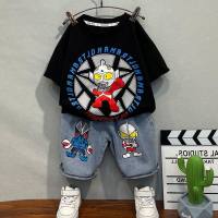 2024 versión coreana de ropa de manga corta ropa Ultraman traje de verano para niños nuevos y guapos niños y bebés  Negro