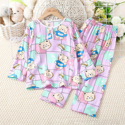 Camiseta de manga larga con patrón de oso en bloque de color para niña pequeña de 2 piezas y pantalones a juego