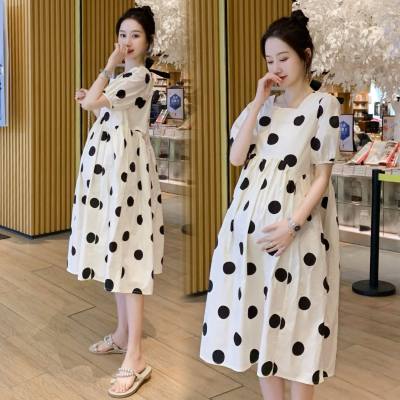 Maternity summer dress loose plus size fashionable polka dot square neck high waist long skirt