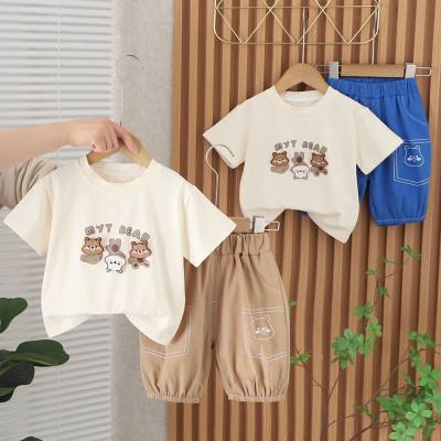 Boys summer suits 2024 new style trendy summer children's clothing handsome short-sleeved cartoon rogue baby two-piece suit
