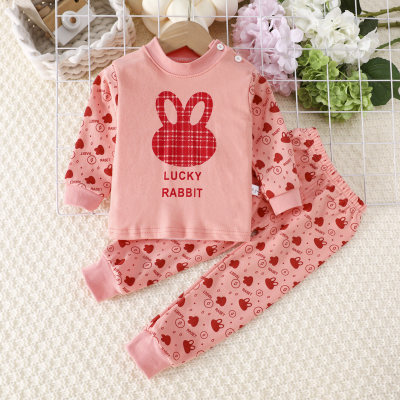 2-piece Toddler Girl Pure Cotton Letter and Bunny Printed Long Sleeve Top & Matching Pants
