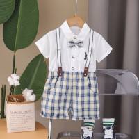 2024 summer new boys lapel tie shirt short-sleeved suit baby boy casual shoulder strap pants two-piece suit trendy  White