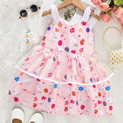 Toddler Girl Rabbit And Floral Print Mesh Princess Style Dress
