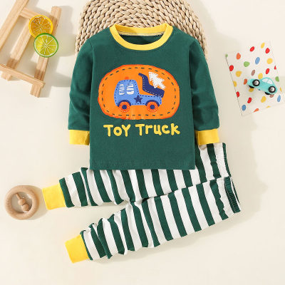 2-piece Toddler Boy Vehicle Pattern & Stripes Printed Long Sleeve Top & Matching Pants