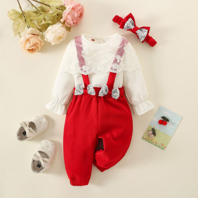 3-piece Baby Girl Solid Color Lace Spliced Long Sleeve Top & Dungarees & Bowknot Headwrap