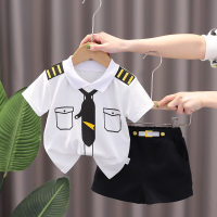 Boys' summer clothes, children's short-sleeved suits, new summer styles for boys and girls, fashionable striped polo shirts, two-piece set  White