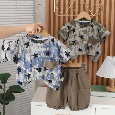 2024 summer new boys cartoon tie-dye round neck short-sleeved suit baby boy casual shorts two-piece suit