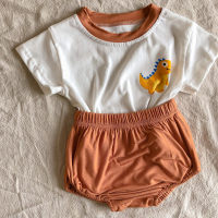 Novo terno de verão de manga curta para meninos e meninas bebê dinossauro terno de duas peças  Amarelo