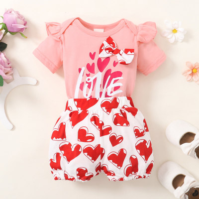 Baby Girl Valentine's Day Ruffle Letter Heart-shaped Print Bodysuit Two-piece