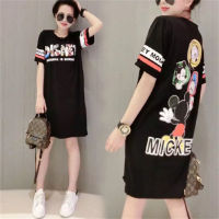 Teenager Mickey printed short-sleeved mid-length T-shirt dress  Black