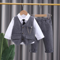 Chemise à manches longues pour tout-petit garçon, gilet boutonné de couleur unie et pantalon assorti avec cravate, 5 pièces  gris