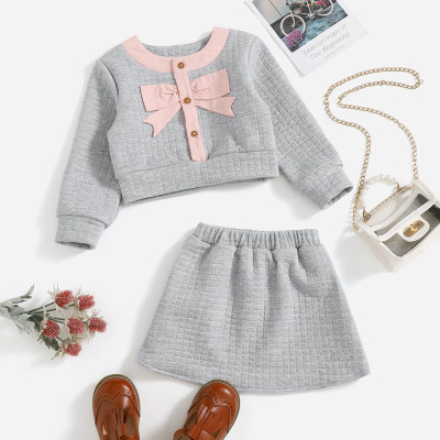 Toddler Solid Color Bowknot Decor Sweater & Skirt