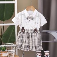 2024 children's summer new style boy handsome one-year-old dress suit baby boy casual short-sleeved suspenders two-piece suit  White