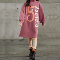 Kid Girl Letter and Number Printed Turtle Neck Fleece-lined Long Sleeve Dress  Red