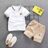 Boys summer short-sleeved suit fashionable striped polo shirt two-piece suit  White