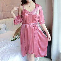 2-Piece Women Sexy Silk Solid Color Adult Pajamas Set  Hot Pink