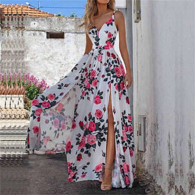 Women's printed cinched waist dress with large skirt