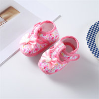 Sapatos infantis com sola macia em tecido floral com padrão de laço para bebês e crianças pequenas  Rosa