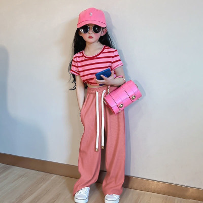 Terno estilo coreano para meninas 2023 novo estilo de verão médio e grande infantil moda casual tops listrados calças de manga curta conjunto de duas peças