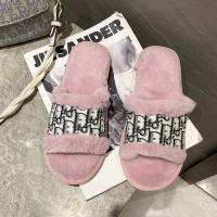Warm fur flip flops for women, rabbit fur fashion flat open cotton slippers for home  Pink