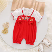 Summer new style infant girl baby jumpsuit Chinese style one-year-old full moon Hanfu short-sleeved harem summer crawl suit  Red