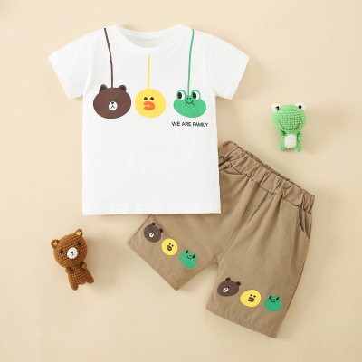 2 piezas de dibujos animados Bear Frog Duck Print Tee y pantalones cortos para niño pequeño