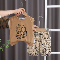 Children's Clothes Baby Cartoon Casual Shorts Summer Thin Printed Sleeveless Round Neck Vest T-shirt Set  Khaki