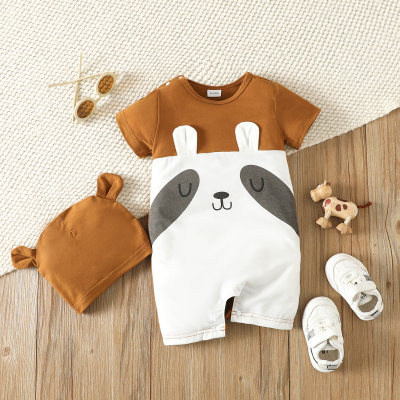 2-piece Baby Color-block Panda Style Patchwork Short Sleeve Boxer Romper & Matching Infant Hat