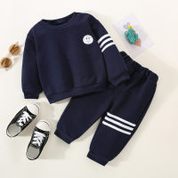 2-piece Toddler Boy Solid Color Stripe Printed Long Sleeve Top & Matching Pants  Navy Blue
