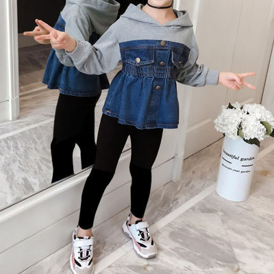 2-piece Kid Girl Color-block Denim Patchwork Button Front Hooded Sweatshirt & Solid Color Leggings