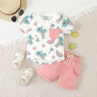 2024 new summer boys casual suit infants and toddlers tropical plant printed short-sleeved T-shirt shorts two-piece set  Pink