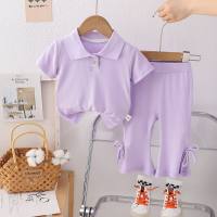 New summer style comfortable and fashionable lapel short-sleeved tie nine-point pants suit for small and medium-sized children girls summer suit  Purple