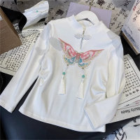 Oberteile im chinesischen Stil für Mädchen, Frühlingskleidung für mittlere und große Kinder, neues langärmeliges T-Shirt im chinesischen Stil mit Knopfleiste und Stehkragen für Mädchen  Weiß