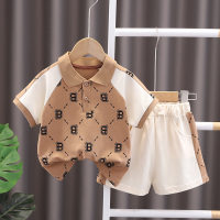 Comercio exterior 2023 nuevo estilo coreano verano casual niños bebé niño manga corta traje con estampado completo traje casual de moda para niños  Beige