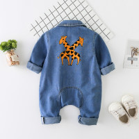 Baby Denim Animal Print Long-Sleeve Jumpsuit  Blue