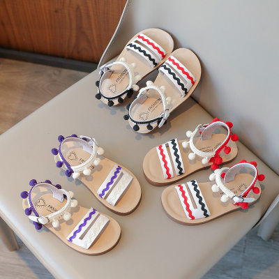 Mit bunten Bällen verzierte Sandalen im Ethno-Stil mit weicher Sohle für Kinder