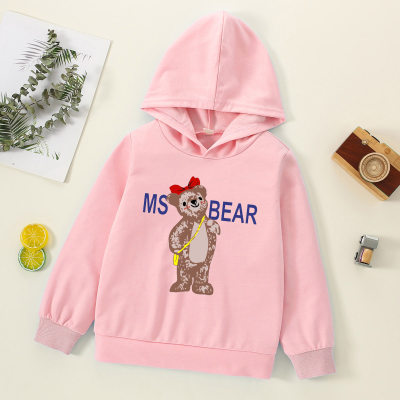 Sudadera con capucha estampada con letra y oso de color sólido para niña