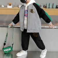 2-piece Kid Boy Color-block Letter Printed Zip-up Jacket & Matching Pants  Gray